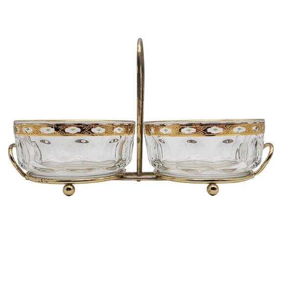 French Glass Condiment Bowls Arcoroc Valencia Gilded Green Hollywood Regency - Picture 15 of 16